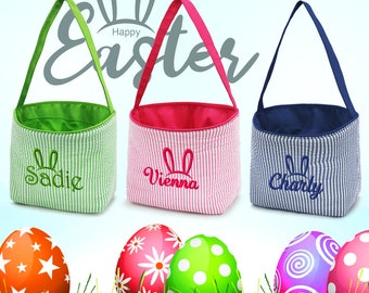 Personalized Easter Basket,Embroidered Bucket,Seersucker Easter Bag,Customized bunny,Monogram Easter kids tote,High quality Easter package.