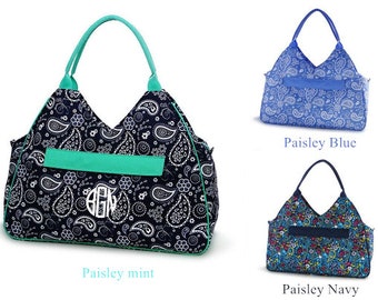 Bolsa de playa con monograma Bolsa de playa personalizada Bolsa de piscina Paisley Mint Navy Blue día de San Valentín para ella