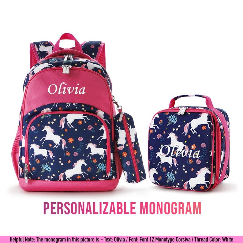 May include: Pink and blue backpack with a unicorn print and the name "Olivia" embroidered on the front. The set includes a matching lunch bag and pencil case.