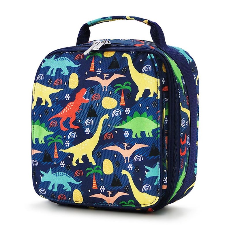 May include: A navy blue insulated lunch bag featuring a colorful dinosaur pattern. The bag has a zippered closure, a top handle, and a side pocket. The dinosaurs are in shades of red, yellow, green, and blue.
