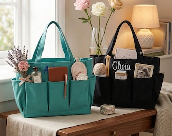 Personalized Utility Tote Bag with Pockets, Multipurpose Organizer Tote
