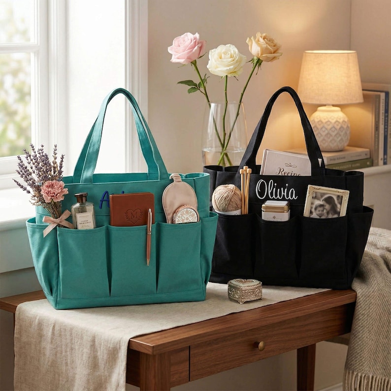 May include: Two tote bags, one teal and one black, sit on a wooden table. The teal bag has pockets filled with items like a perfume bottle and a notebook. The black bag has a photo and the name "Olivia" embroidered on it.