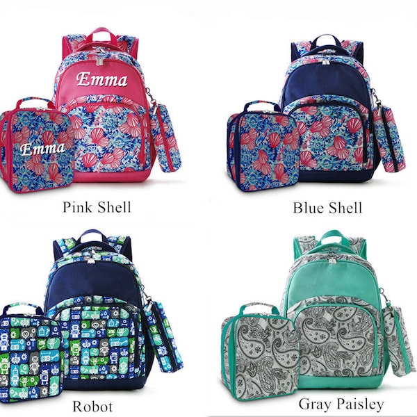 Monogram backpack, monogram school bag, personalized backpack, Personalized lunch bag, Pencil case,Robot,Paisley,Shell,Flower