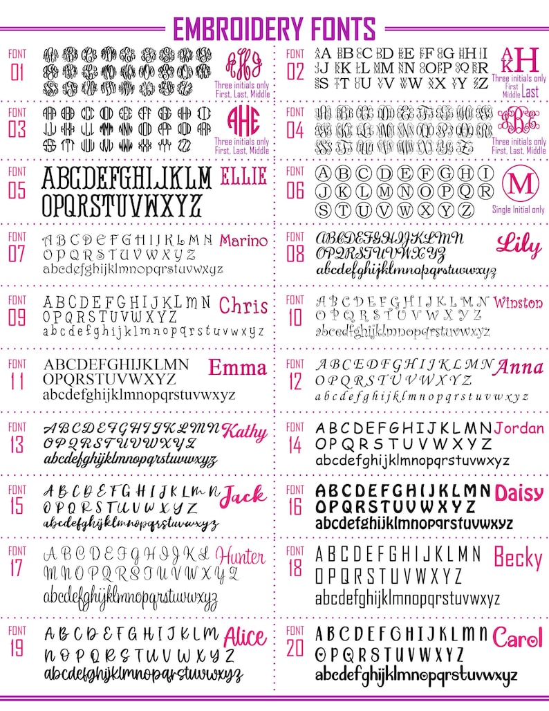 May include: A chart displaying various embroidery fonts, including serif, script, and monogram styles. Each font is shown with the full alphabet and sample words, such as "Ellie" and "Marino", to showcase the design. The fonts are numbered for easy selection.
