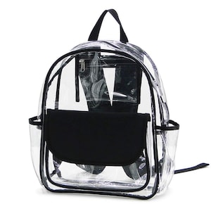May include: Clear backpack with black trim, a black front pocket, and a small zippered pocket. The backpack has a top handle and adjustable shoulder straps. The design is simple and functional, suitable for various uses.