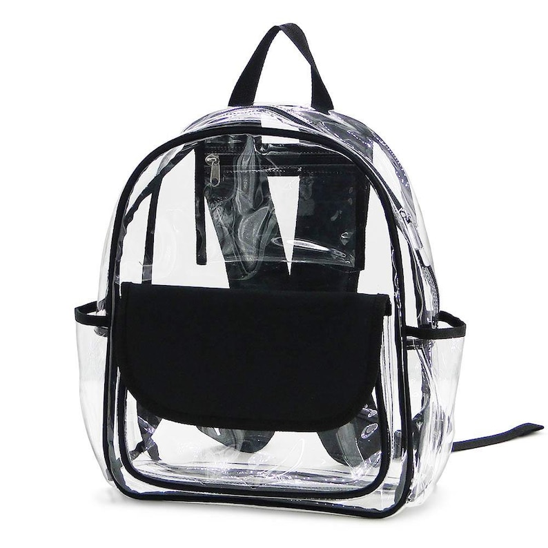 May include: Clear backpack with black trim, a black front pocket, and a small zippered pocket. The backpack has a top handle and adjustable shoulder straps. The design is simple and functional, suitable for various uses.