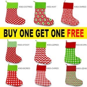 May include: Nine Christmas stockings with various patterns, including polka dots, zigzags, and geometric designs. Each stocking has a green or red cuff and a loop for hanging. The text "BUY ONE GET ONE FREE" is displayed.