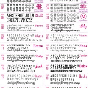 May include: A chart displaying various embroidery fonts, including serif, script, and monogram styles. Each font is shown with the full alphabet and sample words, such as "Ellie" and "Marino", to showcase the design. The fonts are numbered for easy selection.