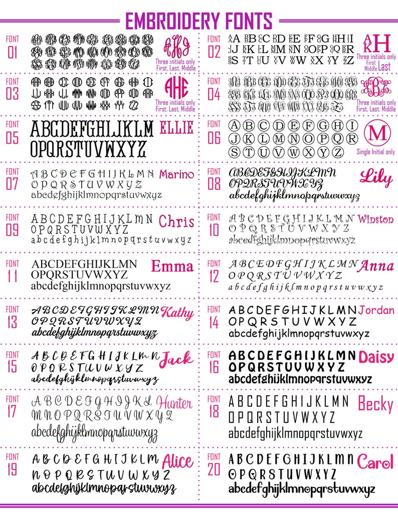 May include: A chart displaying various embroidery fonts, including serif, script, and monogram styles. Each font is shown with the full alphabet and sample words, such as "Ellie" and "Marino", to showcase the design. The fonts are numbered for easy selection.