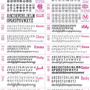 May include: A chart displaying various embroidery fonts, including serif, script, and monogram styles. Each font is shown with the full alphabet and sample words, such as "Ellie" and "Marino", to showcase the design. The fonts are numbered for easy selection.