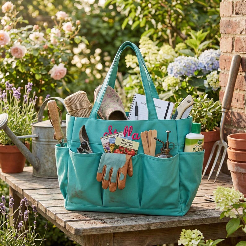 May include: A teal gardening tote bag filled with gardening tools, gloves, and supplies. The bag has multiple pockets and a personalized name embroidered on the front. The background features a wooden table and lush greenery.