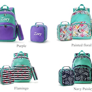 May include: Four different styles of personalized kids' backpacks with matching lunch bags and pencil pouches. The backpacks are all turquoise with different patterns: purple, painted floral, flamingo, and navy paisley. The lunch bags and pencil pouches match the backpack patterns. The backpacks are all personalized with the name "Zoey".