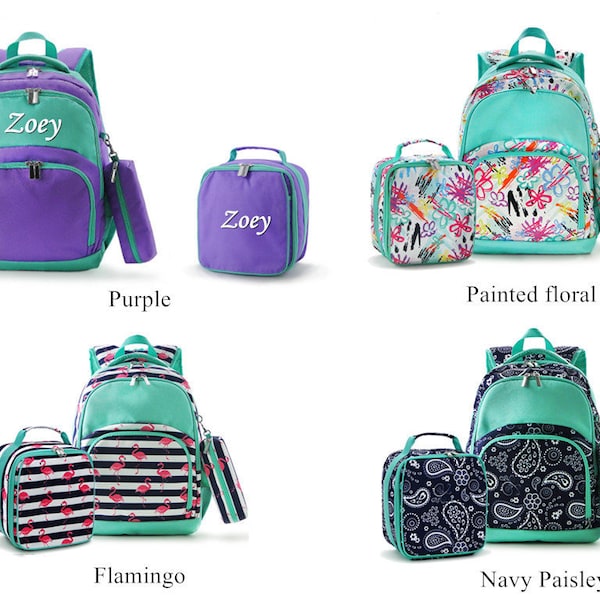 Monogram backpack, monogram school bag, personalized backpack, Personalized lunch bag, Pencil case,Flamingo, Paisley,purple,painted floral