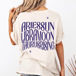 Cadeau personnalisé pour les amateurs d'astrologie T-shirt des trois grands signes du zodiaque Cadeau astrologie personnalisé T-shirt soleil lune levant, thème du zodiaque