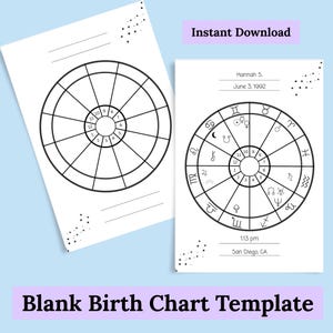 May include: Two white blank birth chart templates with black line drawings of astrological wheels. One chart is blank, the other has astrological symbols, the name "Hannah S.", and the date "June 3, 1992". The text "Instant Download" is at the top.