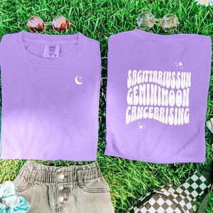 Camiseta de astrología para niños, camiseta personalizada con el signo del zodiaco Sol y Luna Ascendente, lectura de la carta natal de los tres grandes, regalo para niños, camiseta cósmica para niñas