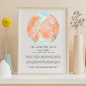 Lettura astrologica personalizzata per neonato, stampa del tema natale personalizzato con segni sole-luna ascendente, decorazione unica per la cameretta dei bambini, astrologia da parete
