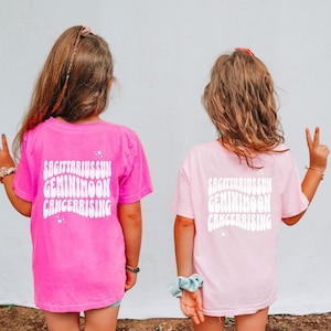 Camiseta de astrología para niños, camiseta personalizada con el signo del zodiaco Sol y Luna Ascendente, lectura de la carta natal de los tres grandes, regalo para niños, camiseta cósmica para niñas