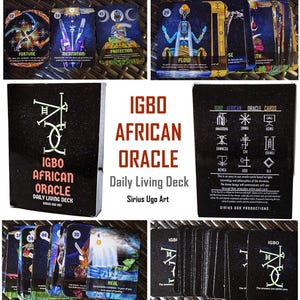 May include: A deck of Igbo African Oracle cards with a black box featuring the text "Igbo African Oracle Daily Living Deck." The cards have colorful illustrations and text, including "Fortune," "Meditation," and "Flow."