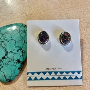 New Black Fire Opal stud earrings / Sterling Silver / Opal Post /7x9mm Fire Opal / Made In USA