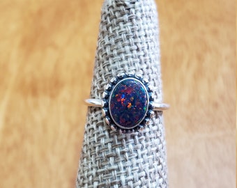 Small Fire Black Opal Ring/Silver Ring/Large small size available/Made In USA