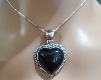 Black Onyx Heart Pendant/Sterling Silver/ Heart Necklace/ Black Stone Heart Pendant/ Black Heart Necklace/Large Onyx Heart /Valentine Gift