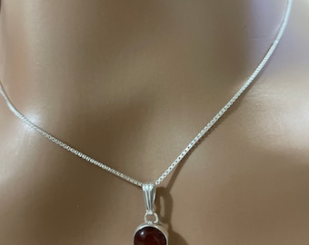 May include: A silver chain necklace with a pendant featuring a round, dark red gemstone.