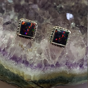 Black Fire Opal Square Stud Earrings In 925 Sterling Silver/Opal Stud Earring/Dainty Stud Earrings/ Gift