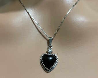Black Onyx Heart Pendant/Sterling Silver/ Heart Necklace/ Black Stone Heart Pendant/ Black Heart Necklace/Heart/Valentine Gift