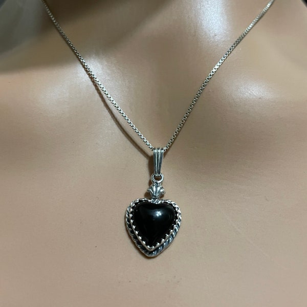 Black Onyx Heart Pendant/Sterling Silver/ Heart Necklace/ Black Stone Heart Pendant/ Black Heart Necklace/Heart/Valentine Gift
