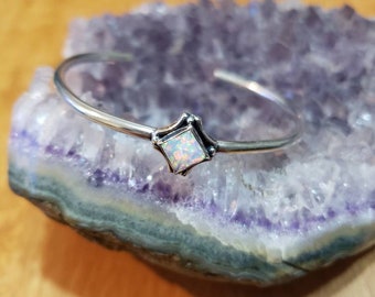 Square White Fire Opal Cuff Bracelet/Sterling Silver/Handmade Jewelry/White Opal/ Cuff