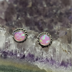 Opal Stud Earrings/Pink Fire Opal/Dainty Opal Studs/ 925 Sterling/Handmade/Made In USA