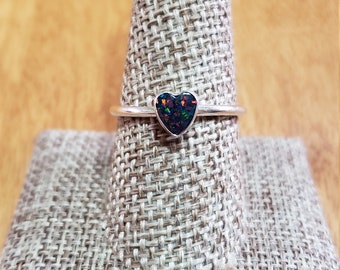 Simple Black Fire Opal Heart Ring/Sterling Silver/Made In USA