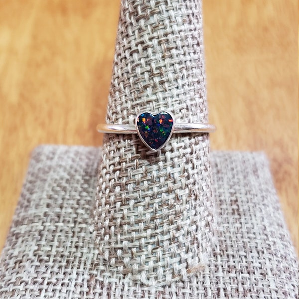 Simple Black Fire Opal Heart Ring/Sterling Silver/Made In USA
