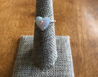 White Fire Opal Ring/Heart Ring/Handmade Jewelry/Sterling Silver/Valentine's Gift/Opal Heart/Heart/Ring