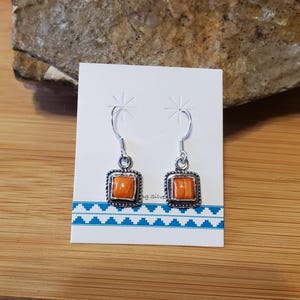 May include: A pair of square, orange-colored earrings with a silver-colored, rope-like border. The earrings are displayed on a white card with a blue and white geometric pattern. The earrings are hanging from silver-colored hooks.