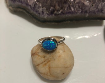 Blue Opal Ring /Sterling Silver Ring/Custom sizes/ Simple Opal Earring/Handmade / Blue Fire Opal Ring / Made In USA