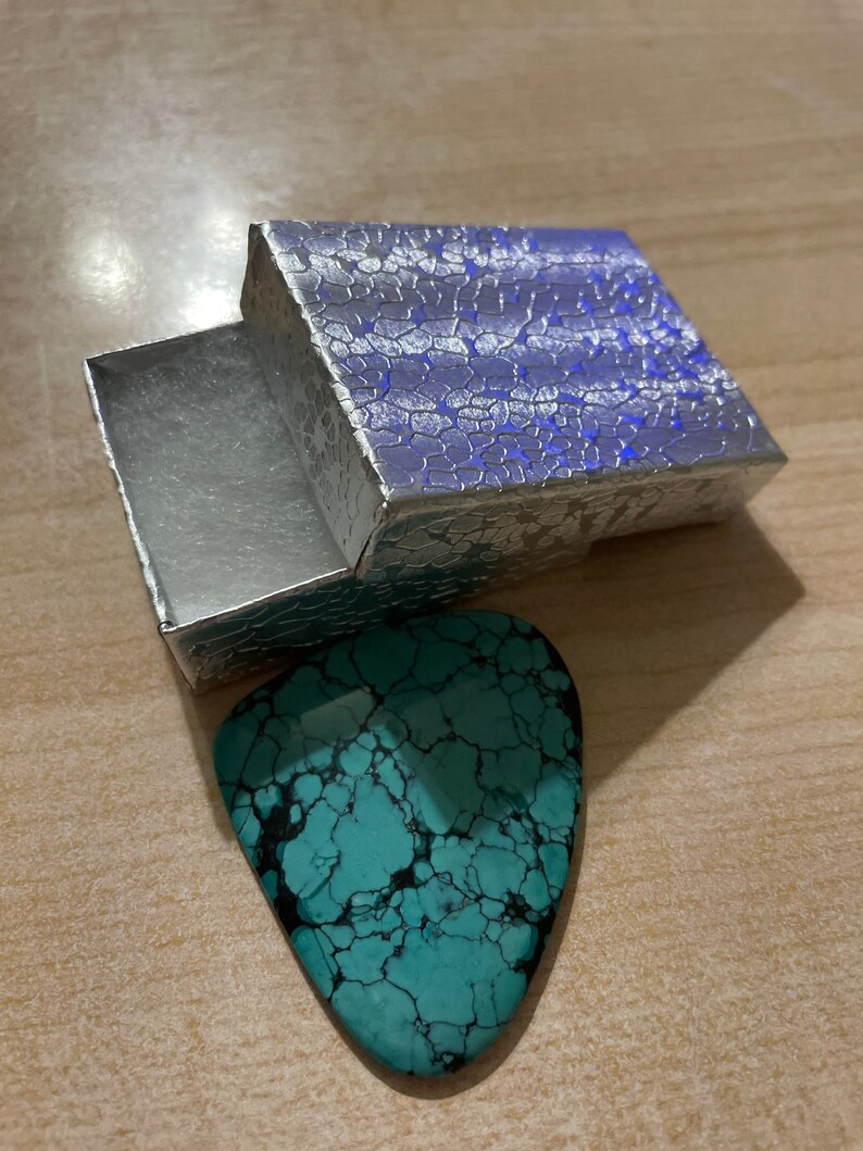 Puede incluir: Una p&uacute;a de guitarra azul turquesa con un patr&oacute;n de m&aacute;rmol en una caja plateada con superficie texturizada.