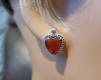 Genuine Carnelian Earrings/Carnelian Heart Earring /Red Carnelian Earring /Dainty Heart Carnelian/Sterling Silver /Natural Carnelian/