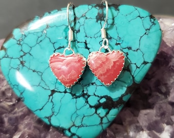 Heart Rhodochrosite Earring/Sterling Silver Earring/Natural Rhodochrosite Heart Earring /Pink Heart Earring/Dangle Earring/Valentine Gift