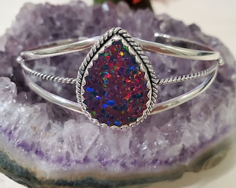 Teardrop Black Fire Opal Cuff/Red Opal Cuff /Handmade Jewelry/Sterling Silver Bracelet/Black Opal Cuff/ Gift For Her/Made In USA