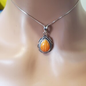 May include: A silver necklace featuring a teardrop-shaped pendant with an orange gemstone. The pendant is framed by a decorative silver border and hangs from a delicate silver chain. The necklace is displayed on a person.