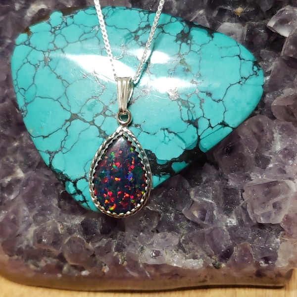 Black Fire Opal Necklace/Box Chain/Statement Pendant/Sterling Silver/Handmade Jewelry/Gift For Her/Made In USA