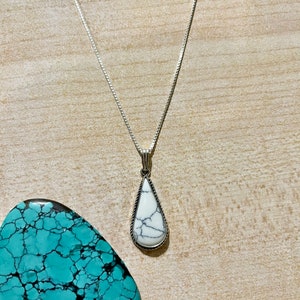 Large Teardrop /White Buffalo/Turquoise Necklace/Handmade/White Stone With Vain/925Silver/Box Chain Necklace/Bridesmaid Jewelry