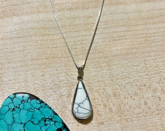Large Teardrop /White Buffalo/Turquoise Necklace/Handmade/White Stone With Vain/925Silver/Box Chain Necklace/Bridesmaid Jewelry