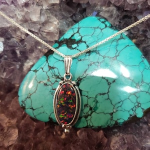 Black Fire Opal Pendant Necklace/Sterling Silver/Handmade Jewelry/Red Opal Necklace/Made In USA