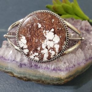 Round Wild Horse Cuff Bracelet/Sterling Silver Cuff/Big Stone Cuff/White Stone Cuff/Healing Cuff Bracelet/Handmade Cuff/Large Stone/Bro4
