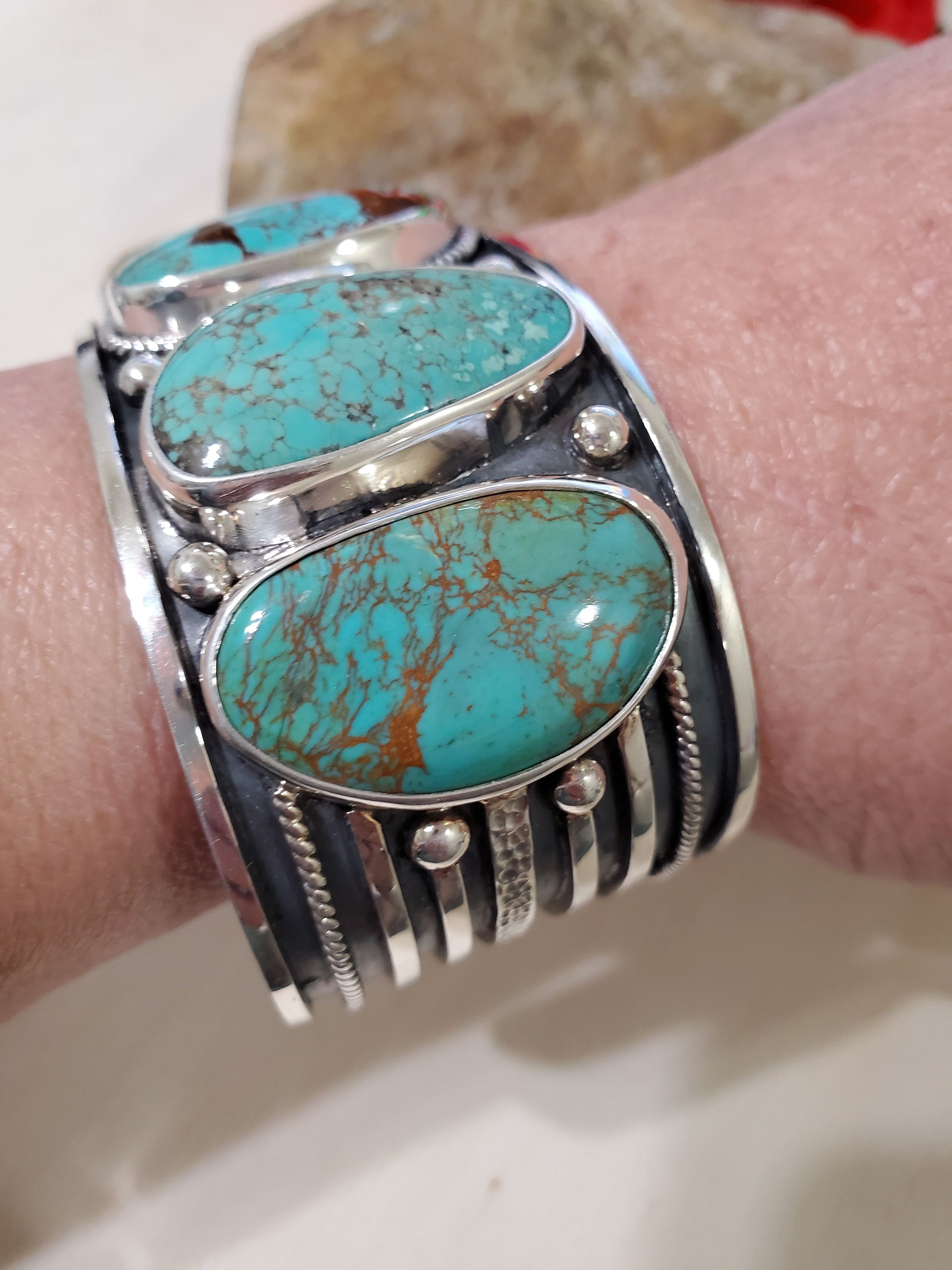 Stacked Blue Turquoise and Denim Golden Cuff Bracelet