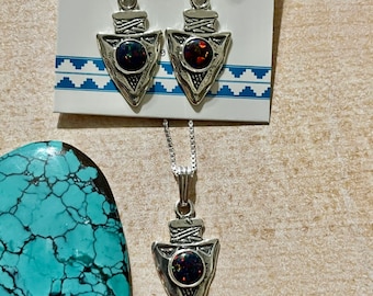 Arrow Head Black Opal Jewelry Set/Fire Opal Necklace/ Black Opal Earrings /Opal Jewelry