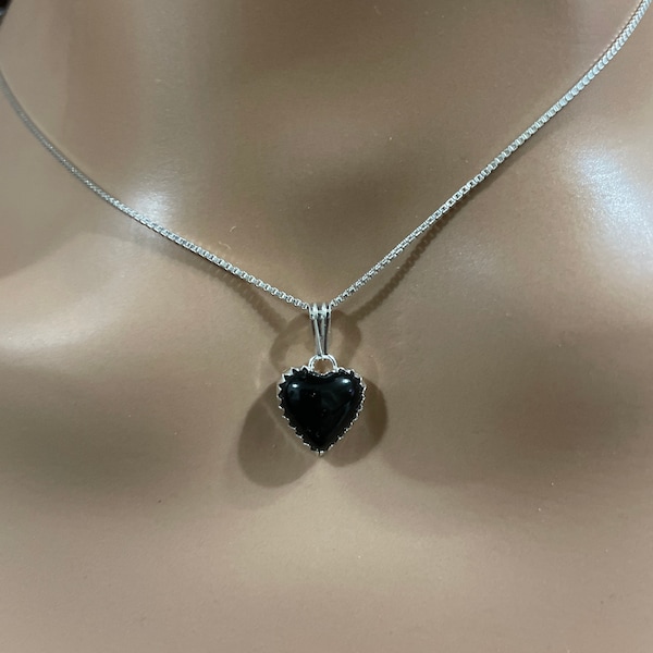 Black Onyx Heart Pendant/Sterling Silver/ Heart Necklace/ Black Stone Heart Pendant/ Black Heart Necklace/Made In USA